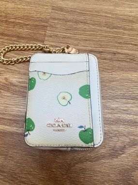 Coach White Card Case with Green Apple Print and Gold Chain